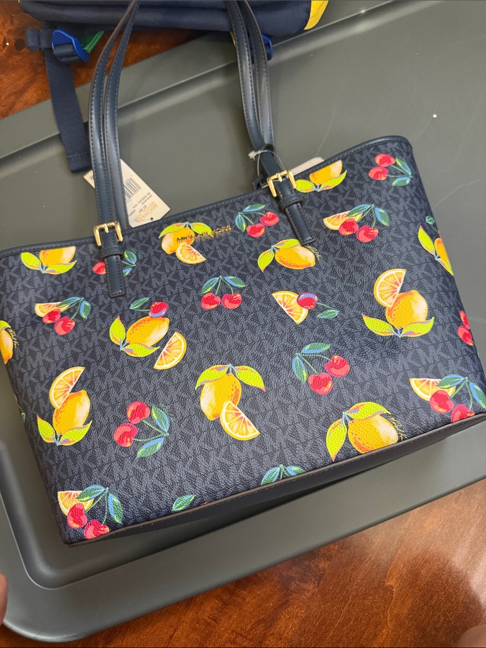 Michael Kors Navy Tote with Citrus and Cherry Print - Picture 3 of 6